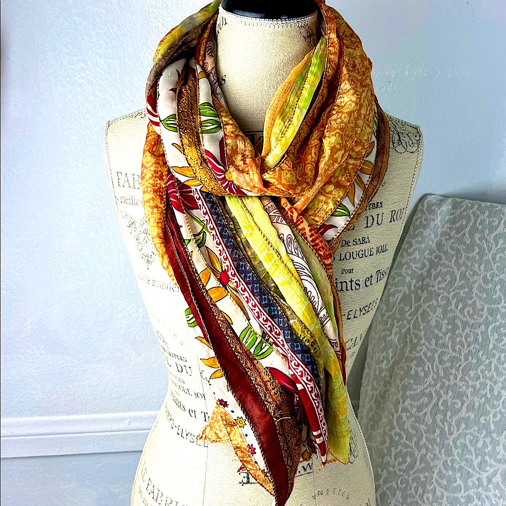 Colorful Striped Panel Scarf Size 75”:9” made of Indian saris hand crafted - Picture 1 of 8